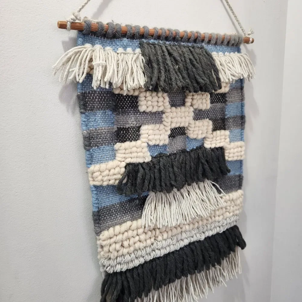 Macrame Woven Blue Cream Wall Hanging 15x24 Wool Tapestry Boho Made in India